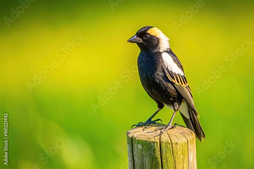 Bird's eye view of a Bobolink perched on a fence post against a green background photo