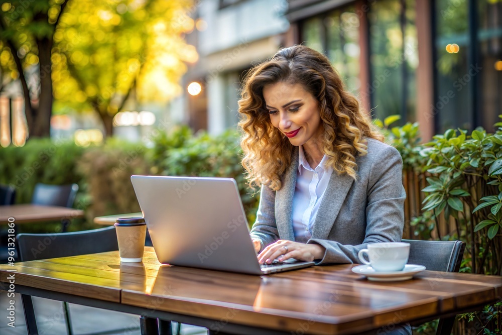 Professional woman working on laptop at outdoor cafe with coffee cups in business district Professional woman working on laptop at outdoor cafe with coffee cups in business district