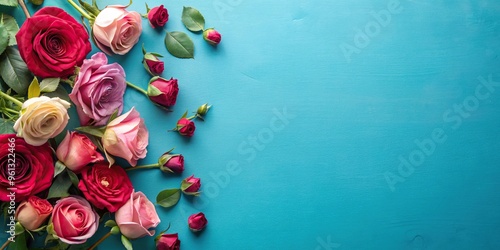 Fototapeta Naklejka Na Ścianę i Meble -  Bird's eye view of blue background with pink and red roses