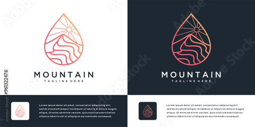 Mountain peak logo design with water droplets. Outdoor hiking adventure icon. Vector illustration.