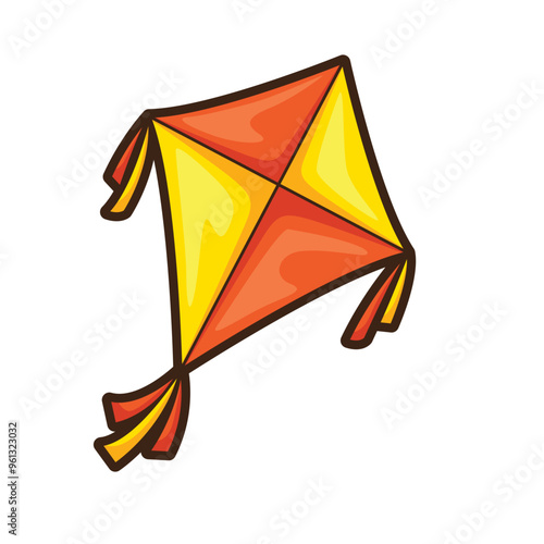 Orange and yellow kite with brown outlines, perfect for outdoor activities, summer themes, recreational designs, and vibrant illustrations