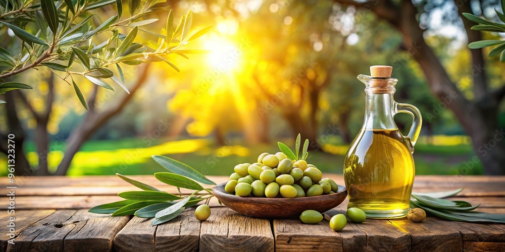 Bird's eye view of olive oil and green olives on oak table against sunny backdrop of trees Bird's eye view of olive oil and green olives on oak table against sunny backdrop of trees