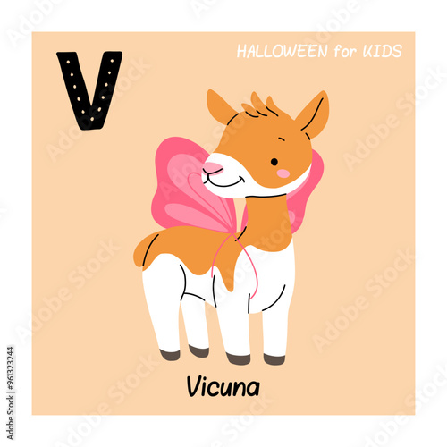 Cute vicuna animal. Cartoon llama alpaca tropical mammal. Children character for alphabet letter v. Trendy kawaii style. English abc learning for kids. Flat vector illustration. South america animal.