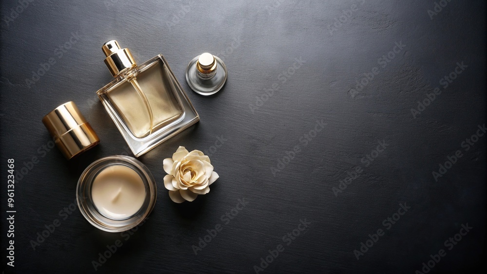 Bird's eye view of perfume and cream bottles displayed on a luxurious black background Bird's eye view of perfume and cream bottles displayed on a luxurious black background
