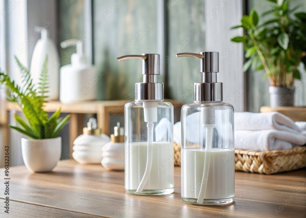 A modern soap dispenser with a crisp white body and transparent pump, adding a touch of understated elegance A modern soap dispenser with a crisp white body and transparent pump, adding a touch of understated elegance