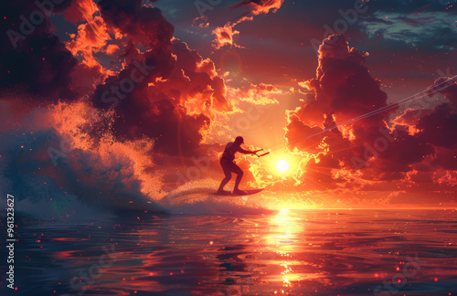 Kitesurfer glides at sunset with dramatic clouds above. A kitesurfer performs an exciting maneuver while the sun sets