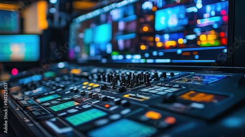 A close-up of a broadcast control panel with buttons and screens for video production.