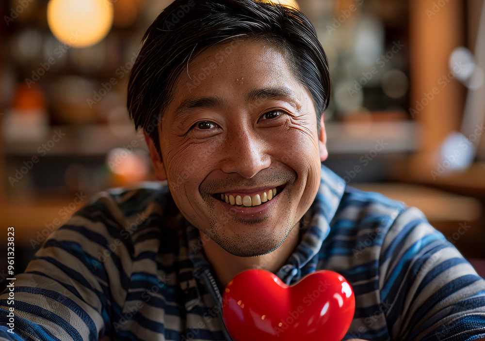 A man smiles warmly while holding a red heart-shaped object in a café. A cheerful man with a striped sweater is laughing joyfully in a cozy café A man smiles warmly while holding a red heart-shaped object in a café. A cheerful man with a striped sweater is laughing joyfully in a cozy café