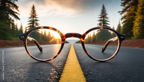 A pair of glasses in the middle of the road, on which sunlight falls