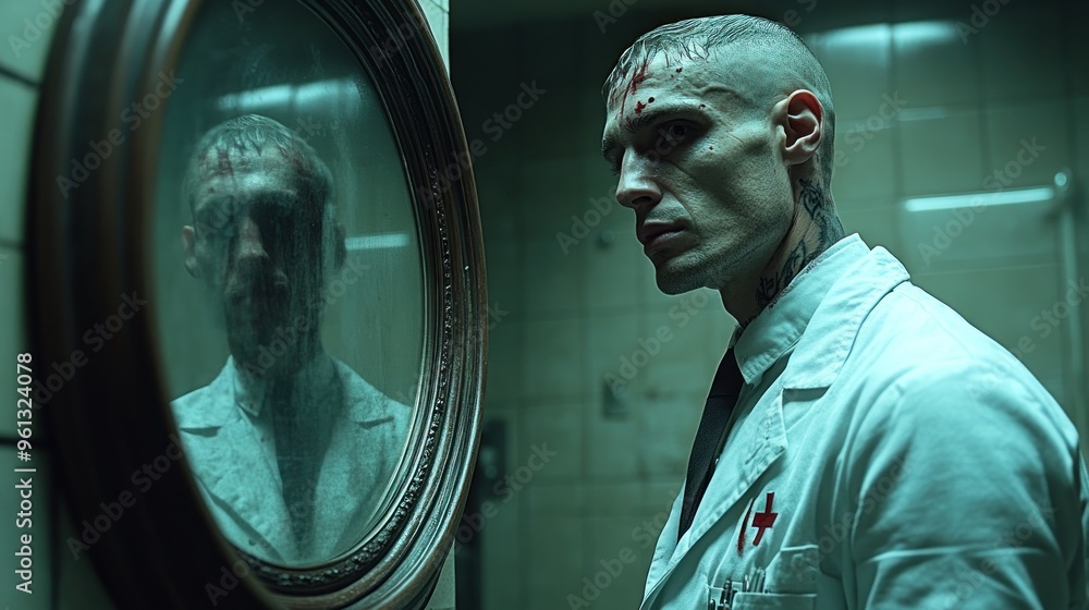 A Man in a White Coat Looks at Himself in a Mirror A Man in a White Coat Looks at Himself in a Mirror