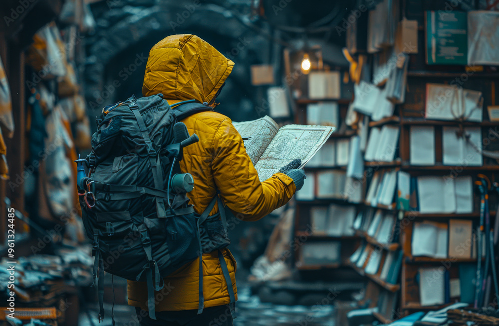 Explorer in a yellow jacket navigating a map in a cozy bookstore. A traveler in a yellow jacket studies a map while exploring a quaint bookstore filled with shelves of books Explorer in a yellow jacket navigating a map in a cozy bookstore. A traveler in a yellow jacket studies a map while exploring a quaint bookstore filled with shelves of books