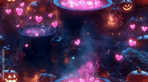 Wallpaper Mural A cute witch cauldron bubbling with glowing pink hearts, surrounded by twinkling stars, pumpkins, and glowing potions, magical and playful, hd quality, natural look. --ar 16:9 --no logo --tile Torontodigital.ca