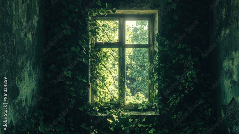 A windowed room with vines growing along the wall A windowed room with vines growing along the wall