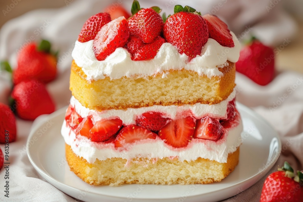A classic strawberry shortcake with layers of fluffy sponge cake, fresh strawberries, and whipped cream A classic strawberry shortcake with layers of fluffy sponge cake, fresh strawberries, and whipped cream