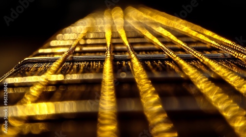 A close-up image of yellow guitar strings. The strings are clearly visible, and the details of the strings can be seen. The strings are made of a thin, yellow material photo