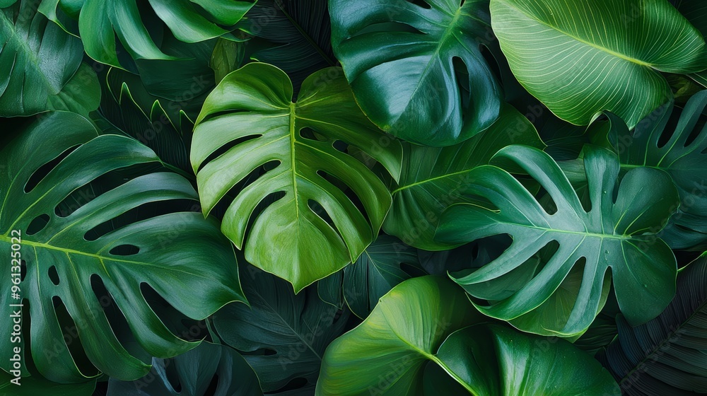 Dense cluster of tropical leaves in deep green tones, highlighting the beauty of natural foliage and organic textures Dense cluster of tropical leaves in deep green tones, highlighting the beauty of natural foliage and organic textures