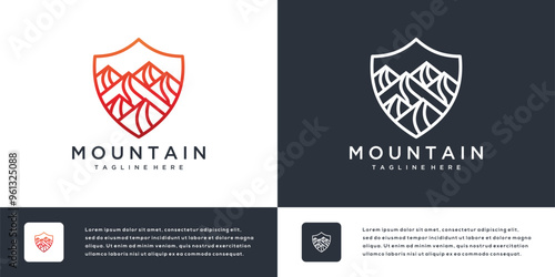 Mountain logo icon design illustration with shield. Abstract outdoor mountain logo symbol.
