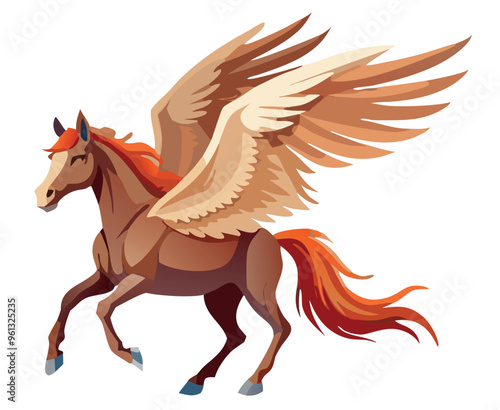 White pegasus horse flying with open wings