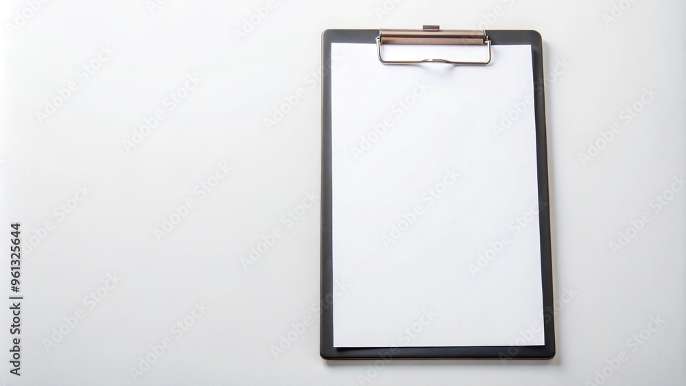 Black clipboard with blank paper isolated on background, aerial view Black clipboard with blank paper isolated on background, aerial view