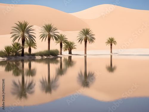 Mirage-like water reflections with palm trees and sand dunes

