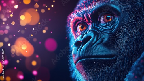 Wallpaper Mural A close-up of a gorilla's face with colorful bokeh lights in the background. Torontodigital.ca