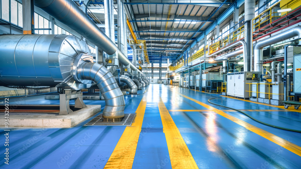 Fototapeta premium Bright industrial environment features large machinery and steel pipes, highlighting advanced air conditioning systems in a dynamic workspace