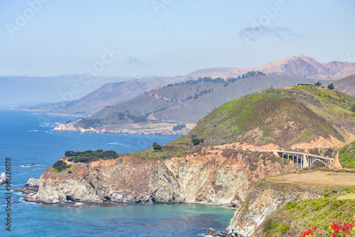 Beautiful landscape of Pacific Ocean coast along Highway 1 and Big Sur, aerial view, sunset, sunrise, fog. Concept, travel, vacation, weekend