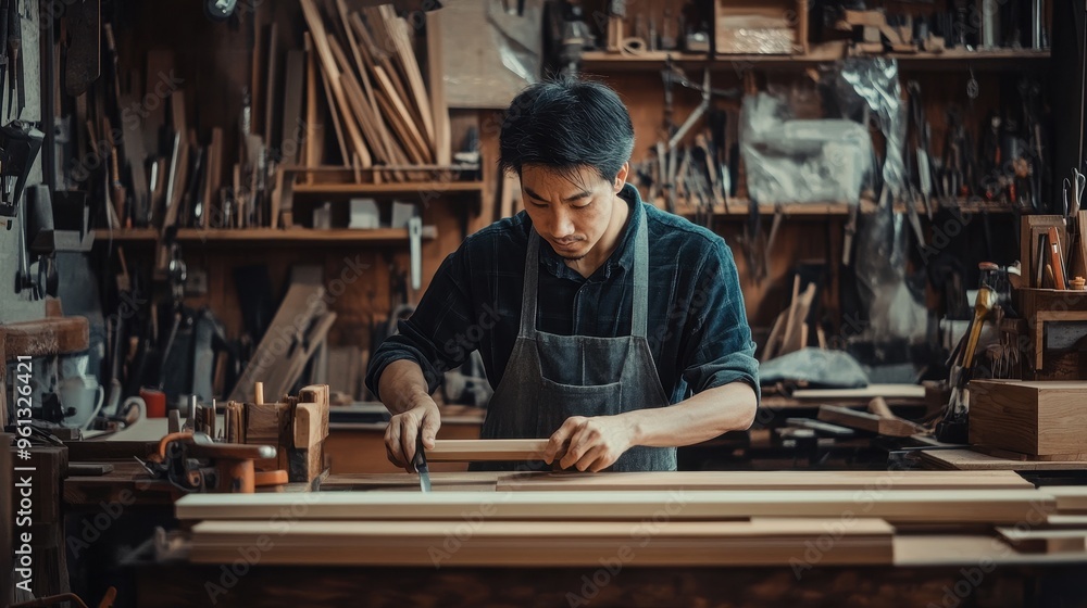 Skilled Craftsman Working in a Traditional Woodworking Shop Surrounded by Tools and Wooden Materials Skilled Craftsman Working in a Traditional Woodworking Shop Surrounded by Tools and Wooden Materials