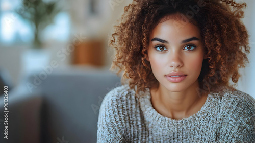 A young woman with curly hair, wearing a cozy sweater, gazes thoughtfully.