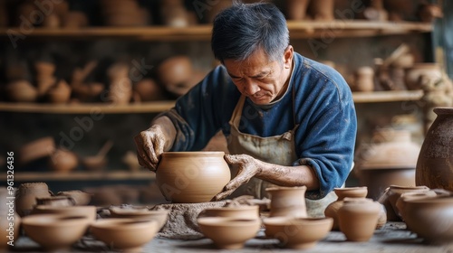 Skilled Artisan Crafting Pottery in Traditional Workshop Surrounded by Handmade Clay Pots and Tools