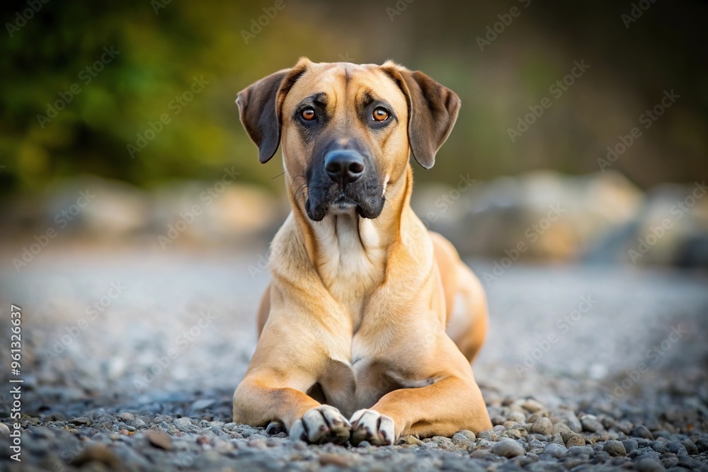 Obraz premium Black Mouth Cur dog laying on gravel in a symmetrical position