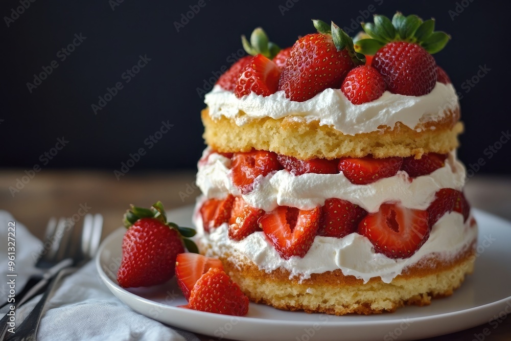A classic strawberry shortcake with layers of fluffy sponge cake, fresh strawberries, and whipped cream A classic strawberry shortcake with layers of fluffy sponge cake, fresh strawberries, and whipped cream