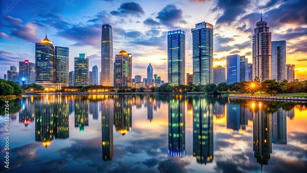Dynamic cityscape at dusk featuring sleek skyscrapers with neon lights reflected in a serene lake, emphasizing urban sophistication and grandeur. Dynamic cityscape at dusk featuring sleek skyscrapers with neon lights reflected in a serene lake, emphasizing urban sophistication and grandeur.