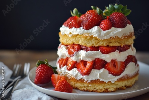 A classic strawberry shortcake with layers of fluffy sponge cake, fresh strawberries, and whipped cream