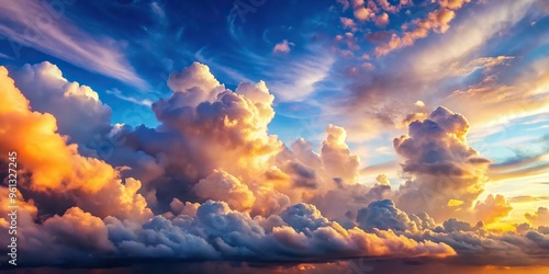 Soft, luminescent clouds blanket the sky, gradating into a gentle horizon, with precise perspective, lively atmosphere, and exceptional realism. photo