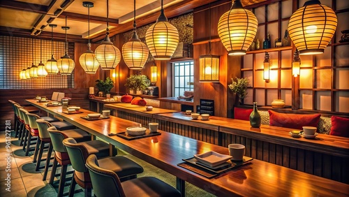 Cozy, intimate 60s-style sushi bars, lit by soft, muted lamps, and adorned with retro ornaments, exude a warm, nostalgic ambiance. photo