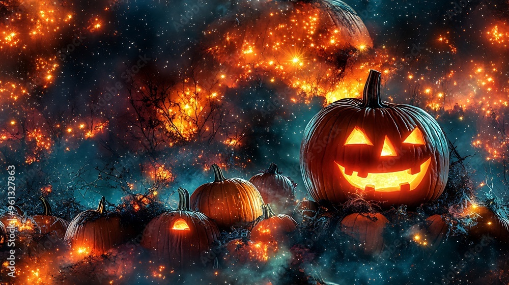 Fototapeta premium A large jack-o'-lantern with a cheeky winking face, sitting on a pile of glowing pumpkins, with magical sparkles and twinkling stars filling the night sky, lighthearted and fun, hd quality,