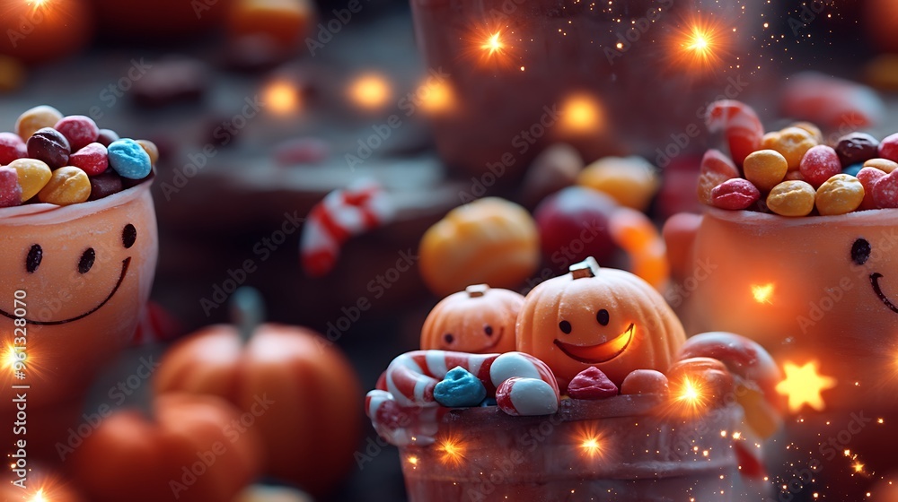 Fototapeta premium A magical candy bucket filled with smiling sweets, surrounded by glowing candy and twinkling stars, with colorful pumpkins and happy chocolates scattered around, whimsical and playful, hd quality,
