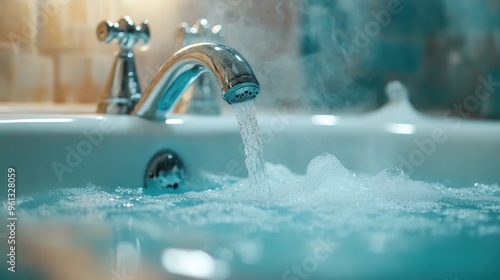 Close-up of a running bath tap with steam and foam