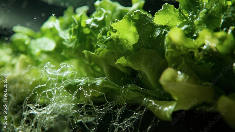 A close-up of green oak lettuce in a hydroponic setup, with roots visible in a nutrient-rich solution. A close-up of green oak lettuce in a hydroponic setup, with roots visible in a nutrient-rich solution.