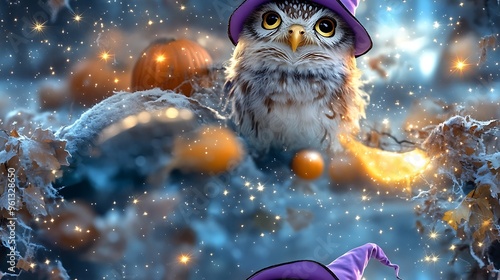 A playful owl wearing a purple witch hat, sitting under a glowing crescent moon, surrounded by twinkling stars, pumpkins, and magical sparkles, whimsical and enchanting, hd quality, natural look.