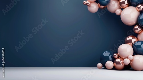 stage decoration on a blue background with a series of blue and rosegold balloons