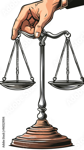 Close-up of Judge's Hand Holding Balanced Scales of Justice, Representing Fair Judicial System and Concept of Law and Order in Society