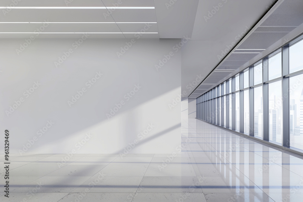 Fototapeta premium Empty white office wall Mockup. Blank modern bright interior softly lighted by a large window. Generative ai