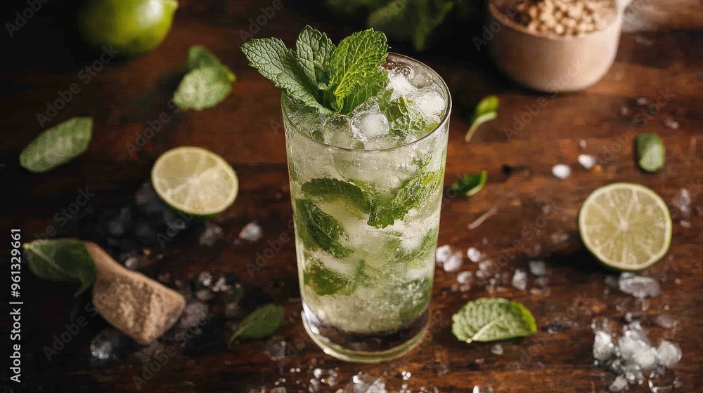 A mojito cocktail with fresh mint leaves, lime slices, and crushed ice in a tall glass. The glass sits on a wooden table with ingredients scattered around. A mojito cocktail with fresh mint leaves, lime slices, and crushed ice in a tall glass. The glass sits on a wooden table with ingredients scattered around.