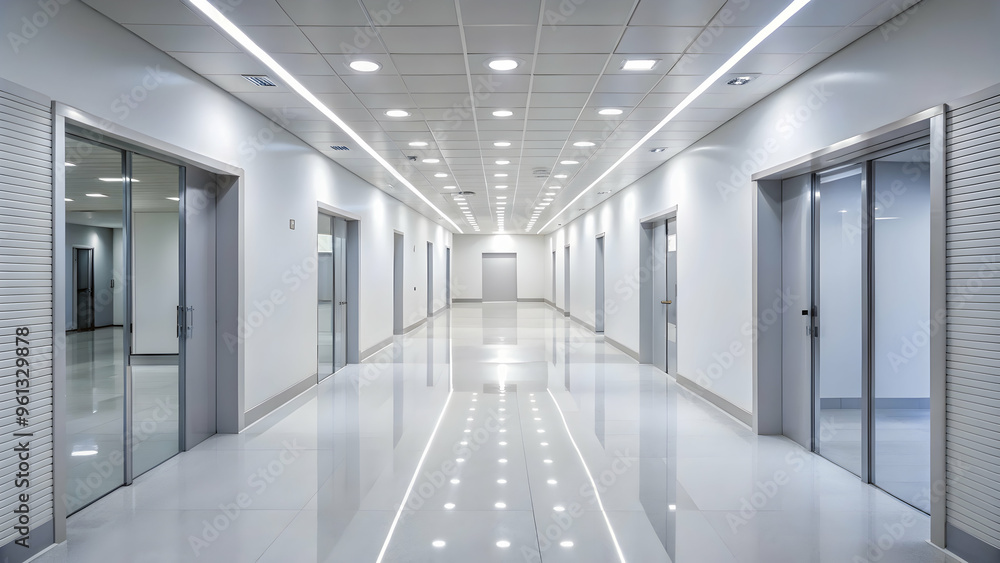 Fototapeta premium Modern Minimalist Office Corridor: A sterile, sleek, and contemporary office corridor with bright, white walls, a shiny tiled floor, and recessed lighting. The perspective creates a sense of depth and