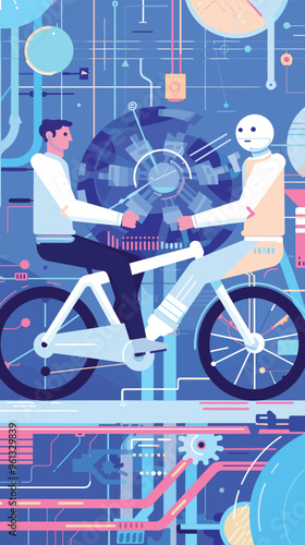 Co-Founders Steering Tandem Bicycle, Collaborating on New Startup Project with Robotic Chatbot Assisting in Finding the Right Path for Successful Business Development and Teamwork