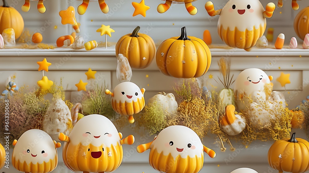 A seamless pattern featuring happy candy corn characters with arms and legs, jumping and dancing among pumpkins, stars, and candy, bright and playful design, hd quality, natural look. A seamless pattern featuring happy candy corn characters with arms and legs, jumping and dancing among pumpkins, stars, and candy, bright and playful design, hd quality, natural look.