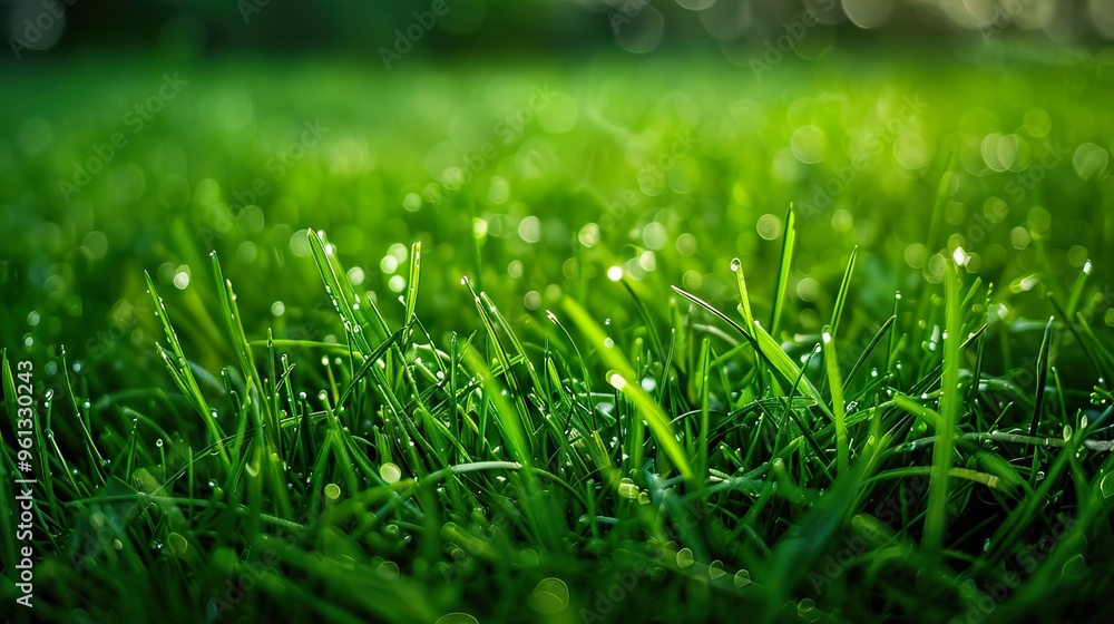 Fototapeta premium Close-up of dew drops on green grass blades in the morning sunlight.