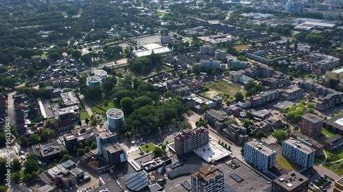 Aerial panorama around the downtown of the city Emmen in the Netherlands on a sunny morning in summer photo